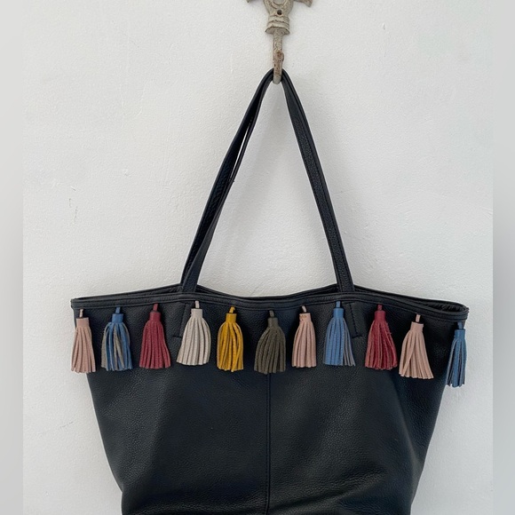 Rebecca Minkoff Leather Tassel Tote Bag Black Multi-Color Pockets - Picture 3 of 12